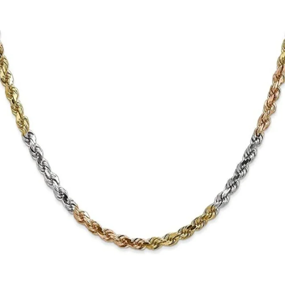 14k Tri-Color Gold 1.6 mm Rope Chain 22 Inches - Picture 1 of 12
